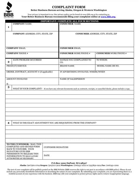 bbb complaint form to print